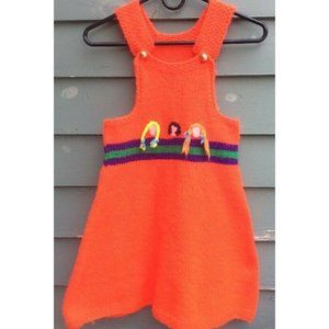 Vintage Hand Knit Knitted Girls Jumper dress red with detail